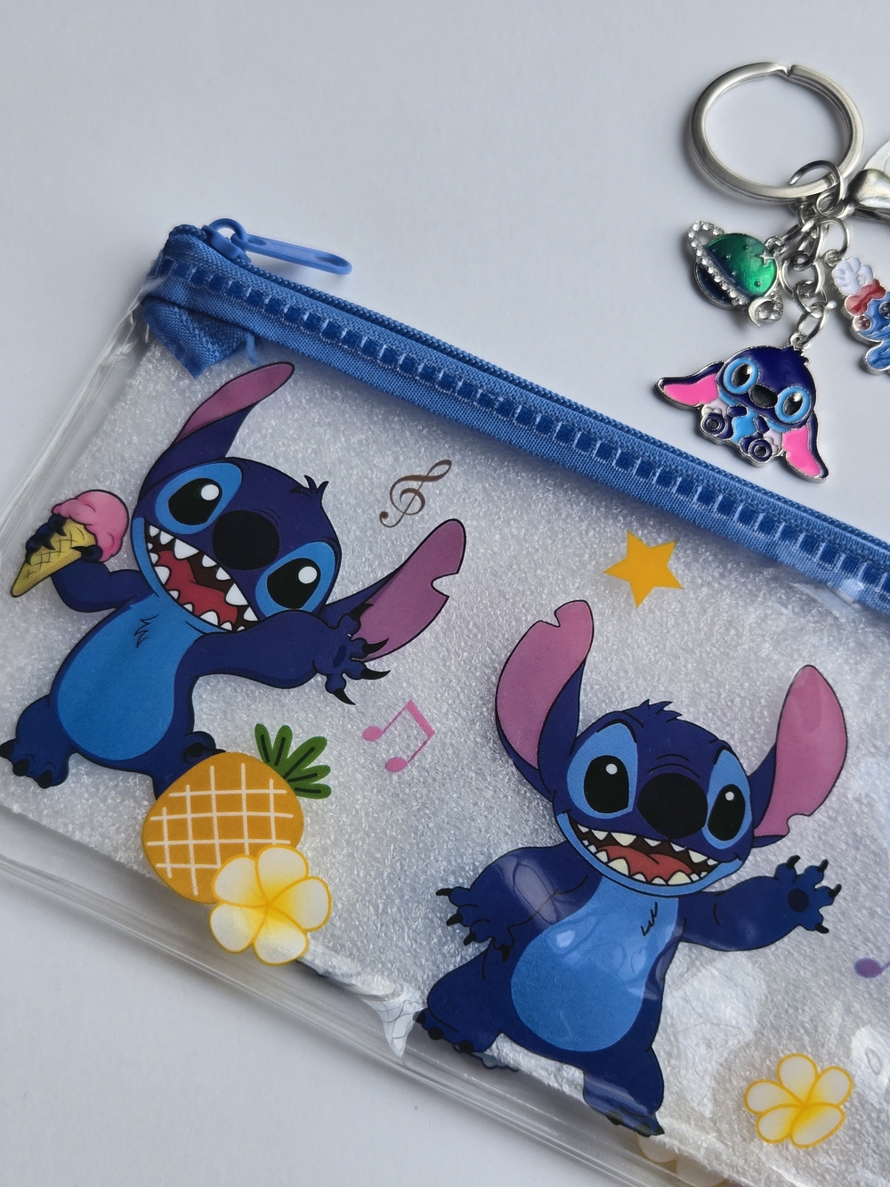 🌺 NWT Disney Stitch Transparent Pouch Pencil Case & Multi-Charm Keychain Set - Picture 4 of 5